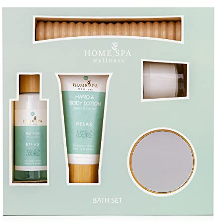accentra Badegeschenkset HOME SPA, Verwöhnset mit 100ml Badeöl, 60ml Hand- & Bodylotion, Duftkerze, Spiegel, Massagestab und Aufbewahrungsbox aus Holz, Geschenkpackung