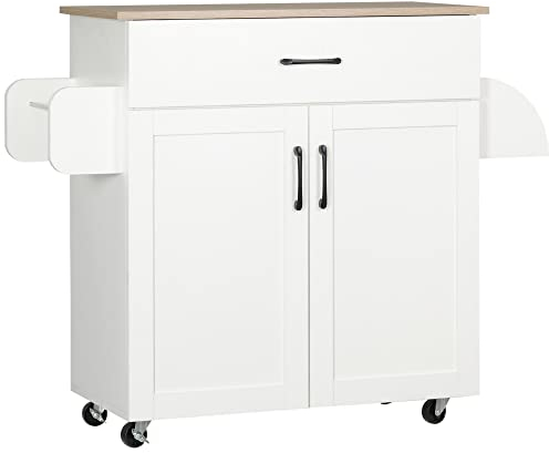 HOMCOM Carro de Cocina con 1 Cajón 2 Puertas Toallero y Especiero Carrito Auxiliar con Ruedas para Comedor Salón Bar Carga 80 kg 105x36x85 cm Blanco