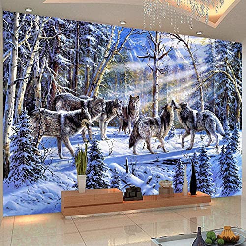 Photo Mural Papier Peint Pour Mur 3D Loup Des Neiges Des Animaux De La Forêt Rouleau De Papier Peint Chambre D'Enfant Salon Fresque Revêtement Mural Affiches Murales 3D Peler Et Colle 140(L)x70(H) cm