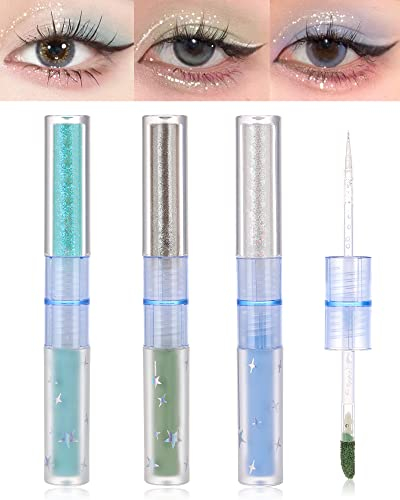Liquid Matte Glitter Eye shadow,Shimmer Matte Liquid EyeShadow Kit – 3 Pcs High Pigmented Velvet Cream Eyeshadow Eyeliner Stick, Quick Drying Long Lasting Create Multi Dimensional Korean Eye Makeup-C
