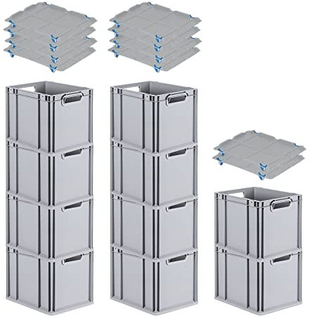 PROREGAL SparSet 10x Eurobox NextGen Grip mit Auflagedeckel & 4 blauen Schiebeschnappverschlüssen, HxBxT 32x30x40cm, 30 L, Grau, Griffe offen, Eurobehälter, Transportbox