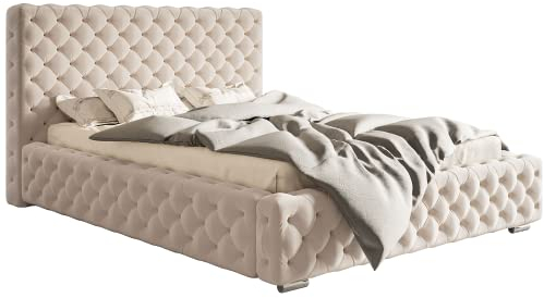 MOTIVENA Diana Chesterfield Polsterbett 140x200 mit Bettkasten, Chesterfield Bett 140x200 mit Stauraum, Bett Kopfteil Samt, ohne Matratze, Bett Samt, Polsterbett 140x200 Beige Creme