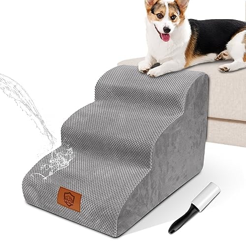Zvonema Escalier pour Chien 3 Marches, Escalier pour Animaux Hauteur 40 cm en Éponge, Marche Pied pour Chien & Chat Portable, Antidérapant et Lavable, Anti-blessure, Gris