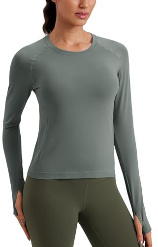 CRZ YOGA Damen Nahtlos Sport Langarmshirt mit Daumenloch Ribbed Laufshirt Gym Oberteil Tops Fitness Langarm Tshirt Grauer Salbei 36
