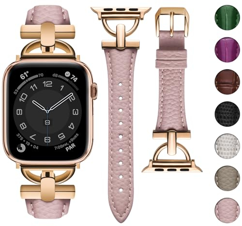 wutwuk Compatible Bracelet Apple Watch 42mm 44mm 45mm 49mm, Boucle Métal en Forme de D Cuir Véritable Bracelet iWatch pour iwatch Séries Ultra/SE(2)/9/8/7/6/5/4/3/2/1-42mm 44mm 45mm 49mm-Rosé+Or Rosé