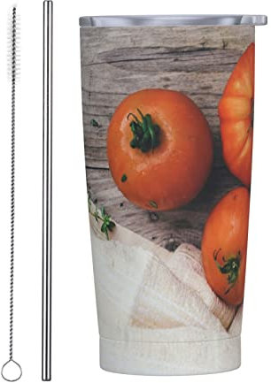 Tomaten auf Holztisch, bedruckt, 590 ml, isolierte Becher mit Deckel und Strohhalm, Edelstahl, vakuumisoliert, langlebiger Kaffeebecher für Reisen, Büro, Zuhause