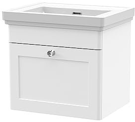 nuie CLC191H Classique Wall Hung 1 Drawer Vanity Unit & 0 Tap Hole Fireclay Basin, 500mm, Satin White