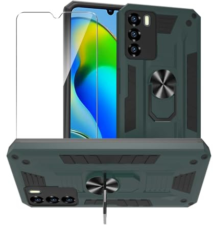 MIBZOR Hülle Kompatibel mit ZTE Blade A72 4G / ZTE Blade V40 Vita (6.75), 1 Grün Handyhülle und 1 Stück Schutzglas Panzerglas, Schutzhülle Mit 360 Grad Ring Ständer Stoßfeste PC + TPU Tasche Case