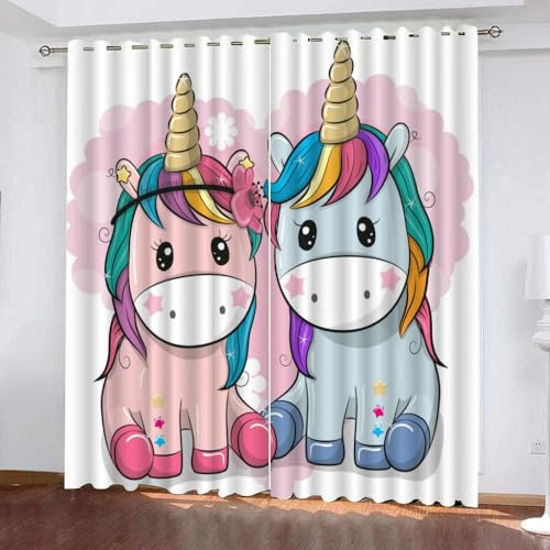 GIOVIA 3D Einhorn Gardinen Abdunkelnde Paar Einhorn Kindervorhänge Vorhang mit ösen 2er Set Vorhänge Blickdicht Verdunkelungs für Kinderzimmer Schlafzimmer Wohnzimmer B 140 X H 160 cm