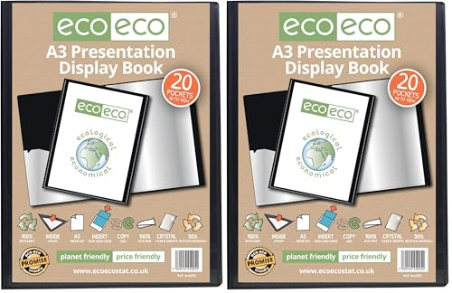 eco-eco A3 Size 50% Recycled 20 Pocket Black Presentation Display Book, Storage Case Portfolio Art Folder with Plastic Sleeves (Pack of 2)