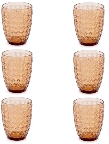 Evviva Vasos de agua de cristal, juego de 6, vasos de cristal de colores, modernos, detalles, capacidad 350 ml, lavables en lavavajillas, color ámbar