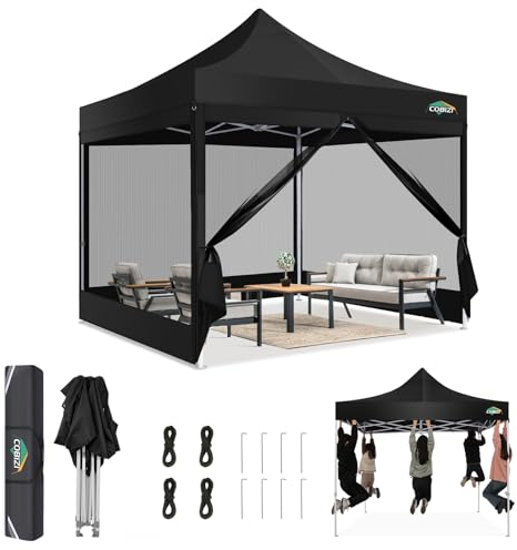 COBIZI Gazebo 3x3 Pieghevole Impermeabile,Gazebo Esterno Resistente con Zanzariera Parete Laterale,Tende per Gazebo,Tendone Padiglione Pop Up per Feste Campeggio con Borsa(3 per 3m Nero)