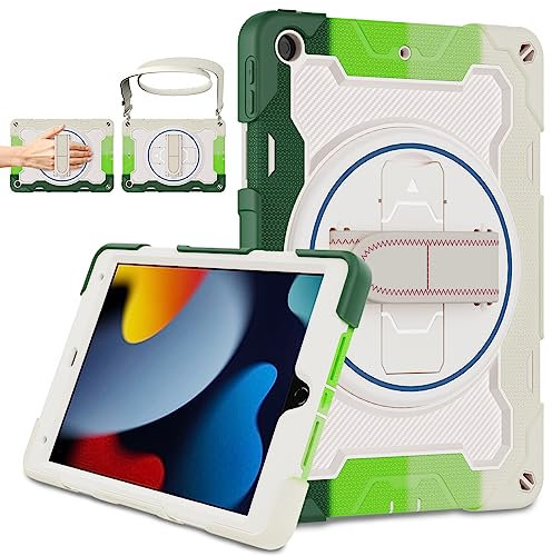 ROISKIN iPad Case: Shockproof 10.2 inch Kids Case with Screen Protector & Rotating Hand Strap Kickstand & Pencil Holder for iPad 2021/2020/2019, Green