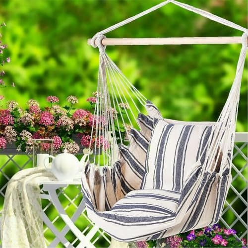 Gr8 Garden Blue And White Stripe Patio Hanging Rope Swing Chair Seat Porch Yard Hammock Bench With Pillows Cushion Wood Stretcher