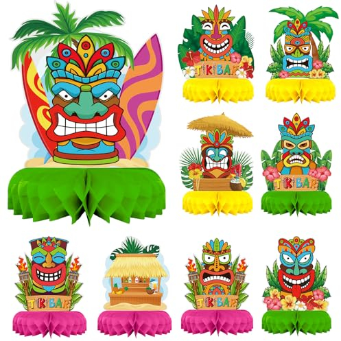 HONMOK 9 Stück Hawaii Party Deko Tiki Bienenwaben Tischdeko Luau Waben Dekoration Tropische Palmenblätter Tischaufsätze Mittelstücke für Aloha Sommer Strand Hawaiian Party Geburtstag