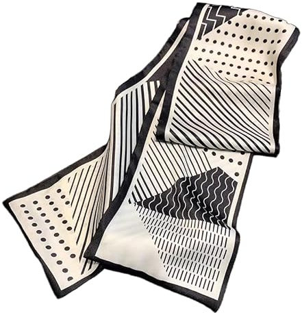 GIMIRO Satin Seidenschal Doppelschichten 150 x 16cm Krawatte Blumen Taillengürtel für Blazer, Mantel, Kleid (45#Black & White Dots & Stripes)