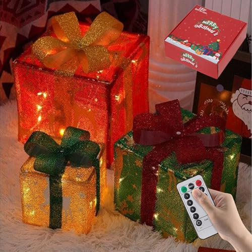 TAZZOR 3er Weihnachtsdeko LED Geschenkboxen Set mit Fernbedienung - 8 Blitzmodi, Deko für Weihnachten innen und außen, Weihnachtsdeko mit licht für Festliche Stimmung (warm Light)