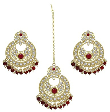 Kundan-Perlenbesetzte, traditionelle, vergoldete braune Chandbali-Ohrringe mit Maangtikka-Schmuckset – Braun, Metall, ohne Edelstein