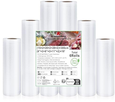 KitchenBoss Vakuumierfolie Vakuumierbeutel 6 Rollen: Vakuumbeutel Lebensmittel 15X2/20x2/28x2/300cm, Vakuumierfolie für Vakuumiergerät und Sous Vide, Sous Vide Gefrierbeutel BPA Frei