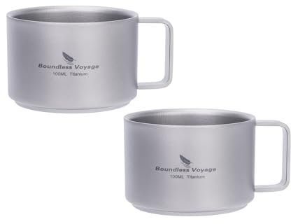 iBasingo Ti3085D Lot de 2 mini tasses à café en titane à double paroi 100 ml Pour l'extérieur, le camping, les voyages, portable, durable, en métal