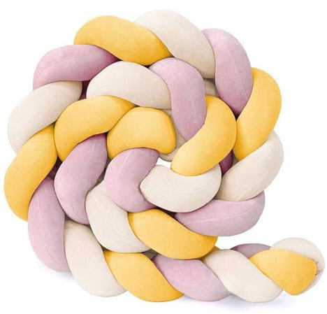 AmphaDeco Bettschlange Geflochten, Nestchenschlange Geflochten,Knotenkissen Bettumrandung,Baumwolle Bequem Bettschlange Baby,Bettschlange,Nestchenschlange,Milchgelb violett gelb,300cm