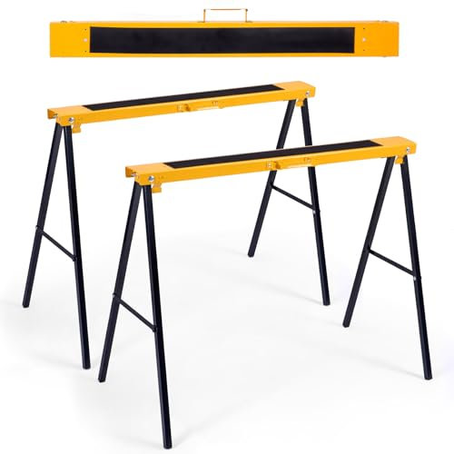 HOMFME Folding Saw Horse Twin Pack, Portable Lightweight Metal Work Trestle Stands with Anti-Slip Work Top, Handle and Footpads, Heavy Duty Workbench Sawhorse Pair, 275 kg Load Capacity