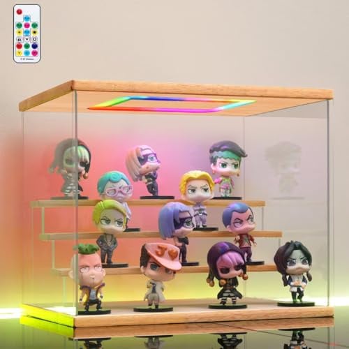 AZEYN Acryl Vitrine mit RGB LED Beleuchtung für Modellautos Figuren, 3/4/5/6 Stufen Mehrfarbige Licht Staubschutz Schaukasten für Sammlerfiguren (Holz, 4 stufen, 32x24.5x27cm)