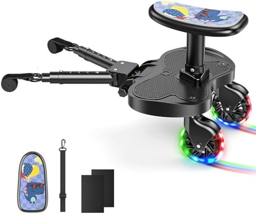 Universal Buggy Board, Buggy Board mit 2 LED-Leuchträdern & 4 Längeneinstellungen, passt zu 99% Kinderwagen, abnehmbarer Sitz für Kinder von 2-6 Jahren, bis 25kg