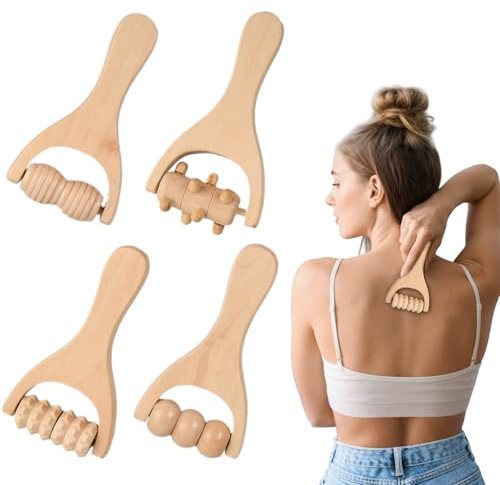 4 Stück Massageroller Holz, Manuelle Holztherapie Massagewerkzeuge, Hölzerne Hand Massage Roller, Massagegerät mit Griff Faszienrolle zur Entspannung von Rücken, Bein, Händen, Ganzkörpermuskulatur