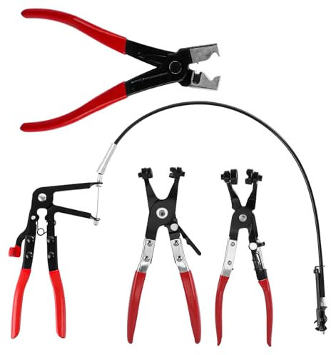 YOUNTHYE 4 Pcs Hose Clamp Pliers, Hose Clip Pliers with Bevel and Flat Band, Flexible 25 Long Reach Wire Spring and Straight Neck Plier for Automotive Fuel Oil Water Hose