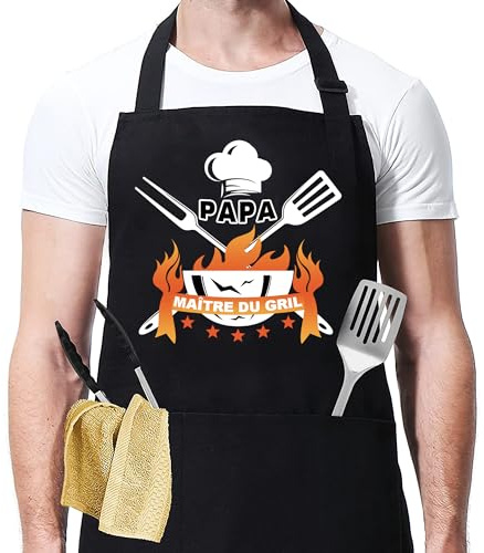 AWCIGG Schwarze wasserdichte Herren-Grillschürze, verstellbare Papa-Grillschürze mit 2 Taschen für Vatertag, Geburtstagsgeschenk