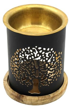 LivuX Aromafume Duftlampe aus Metall mit Holzuntersetzer, 8x9 cm - Duftlampe für ätherische Öle und Raumbeduftung 1169