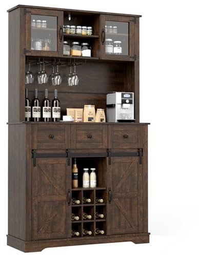 COSTWAY 184cm Tall Kitchen Cupboard, Buffet Storage Cabinet with Wine Rack, Stemware Holder, 2 Tempered Glass Doors, 2 Sliding Barn Doors & 3 Drawers, Wooden Sideboard Organizer for Pantry Dining Room