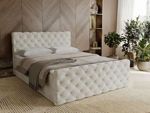GRAINGOLD Lunaris Bett 180x200, Boxspringbett mit Bettkasten, Polsterbett mit Bonell-Matratze, Samt Stoff, mit Topper, mit Kopftei (Creme, 180x200)