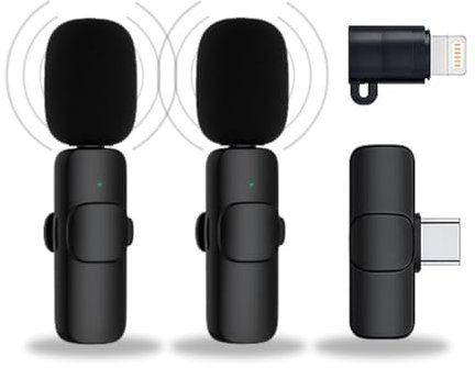 Microfono wireless per iPhone e Android - Microfono da bavero professionale per video, Youtube, interviste, TikTok, Instagram e registrazioni - Compatibile con cellulare, tablet e iPad