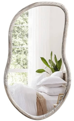 FEUFOAM Unregelmäßiger Wandspiegel, asymmetrisch, abstrakt, für Wand, Holz, rustikal weiß, dekorative Schminkspiegel für Badezimmer, Schlafzimmer, Wohnzimmer