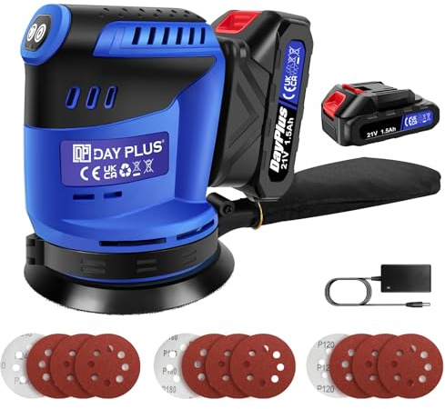 21V Cordless Random Orbital Sander, Electric Circular Sander with Battery, Dust Collector,1.5Ah Battery & Charger,12Pcs Sandpapers, 3 Variable Speed 11000RPM, 125MM Palm Sanders for Wood, Metal, Wall