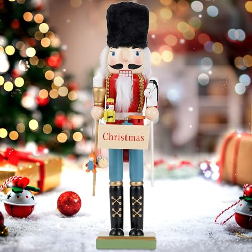 COMBIUBIU 38CM Nussknacker Figur-Weihnachtskarten,Nussknacker Soldat Aus Hochwertigem Kiefernholz,Deko FüR Zuhause Kamin Tischdekoration,Weihnachten Weihnachtsdekoration