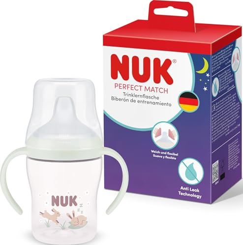 NUK Perfect Match Trinklernflasche | 6+ Monate | 150 ml | Auslaufsicherer Trinklernbecher für Kleinkinder | Rutschfeste Griffe | Leuchtet im Dunkeln | Kaninchen | 1 Stück