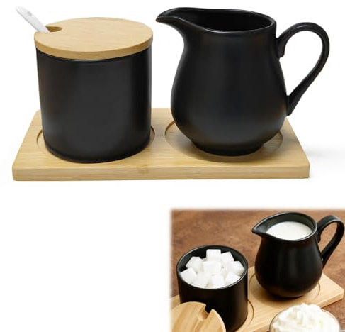 bechoanigel Milch und Zucker Set mit Deckel und Löffel, Keramik Milchkännchen und Zuckerdose mit Holz Tablett, Milch Zucker Set für Kaffee, Milchkanne Mikrowellen- und Spülmaschinenfest (Schwarz)