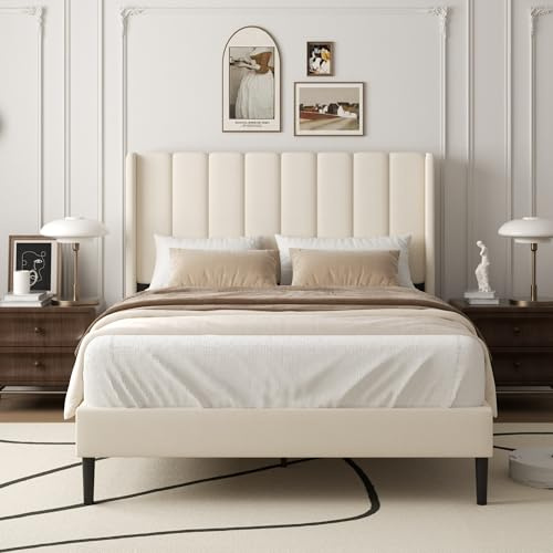 viplov Double Bed Frame with Headboard, Vertical Channel Tufted Wingback No Box Spring Needed, Mattress Foundation, Easy Assembly, Beige