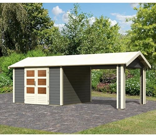 Karibu Theres 7 | Abri de Jardin Bois Massif Gris Terre 9,24m² avec Auvent | Terrasse Couverte 300cm | Épicéa Nordique | Double Porte Vitrée | Toiture Bois 16mm | Hauteur Faîtage 250cm
