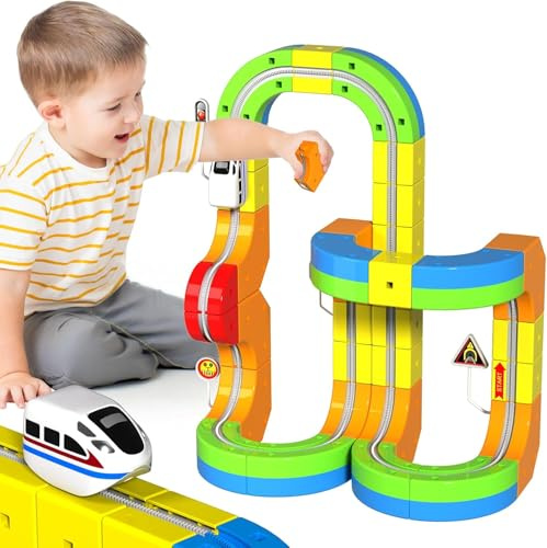 Magneverse 69PCS Fusion Toys Electric Train Set for Kids 3+ Years Old, 3D Magnetic Racing Track with Train, Traffic Signs & STEM Building Blocks, Creative Birthday Gift for Boys & Girls