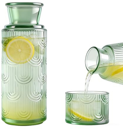 Tutamaz Nachttisch Wasserkaraffe Set, Wasserkaraffe mit Deckel aus Glas Glaskaraffe 820ml +180ml Karaffe Glas für Gästezimmer Nachttisch Wohnzimmer für Hausgemachte Getränke Eistee Milch Kaffee Wein