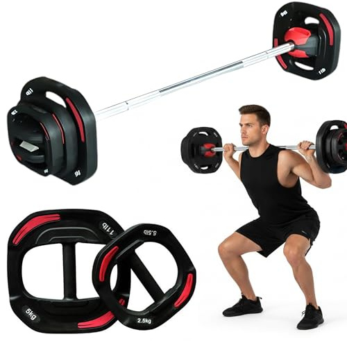 Aerobic Pump Hantelset, Enthält 2x 5 kg, 2x 2,5 kg, 2x 1 kg | Komplettes Langhantelset mit Langhantelstange und Gummi-Scheiben,, Robustes Langhantel Set für Home Gym und Studio