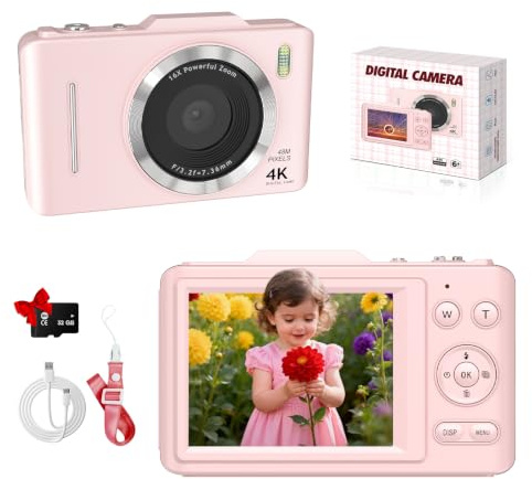 Digital Camera, 1080P FHD 4K 48MP Autofocus Compact Digital Camera with 2.8 LCD Screen, 16X Digital Zoom Digital Cameras with 32GB Card, Vlogging Camera for Kids Beginners Teens Students, Pink