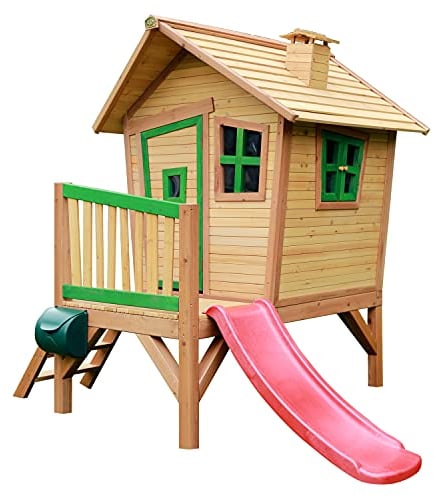 AXI Spielhaus Robin mit roter Rutsche | Stelzenhaus in Braun & grün aus FSC Holz für Kinder | Spielturm für den Garten..