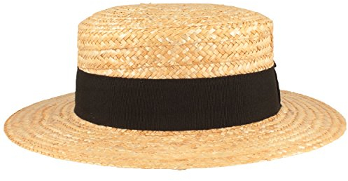 Breiter Sombrero Canotier Sombrero de Gondolero Verano Boater Sol 100% Paja con Cinta Grogrén Negra, ala 6 cm de Ancho, Beige, M 56-57
