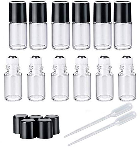 50 Pieces 3ml Clear Glass Roller Bottles Mini Empty Refillable Essential Oil Roller Bottles with Stainless Steel Roller Ball and 2 Pieces 3ml Dropper Black Lid