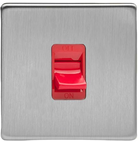 Varilight Single Cooker Switch - Screwless Brushed Steel With Red Insert, XDS45SS
